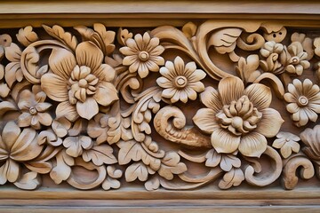 Balinese temple carving with floral and demon patterns