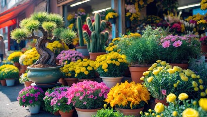 Fototapeta premium Seasonal Flowers, Bonsai Trees, and Cactus Plants in Pots at the Florist