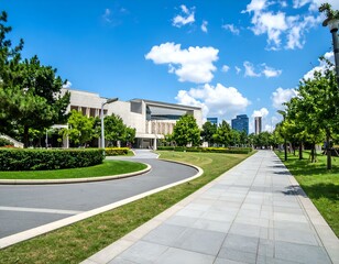 Fototapeta premium Modern building with a landscaped walkway and green grass under a bright blue sky. Ideal for real estate, architecture, and urban design.
