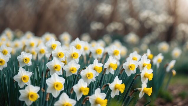 Beautiful floral background featuring a field of white daffodils and green foliage.