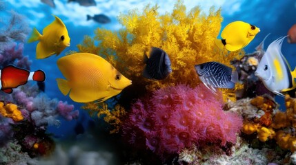 Obraz premium A lively coral reef hosts an array of colorful fish swimming gracefully among coral formations and seaweed. The tranquil blue waters enhance the vibrant ecosystem, full of life