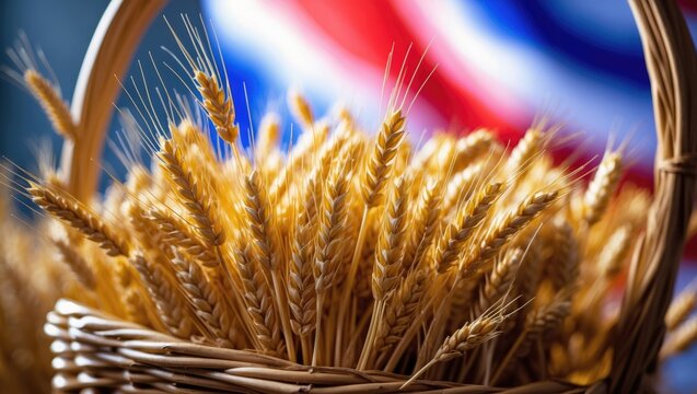 Grains of wheat set against a flag background.