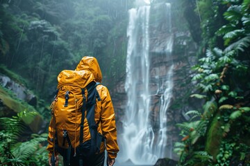Hiker wearing yellow raincoat exploring tropical waterfall in lush rainforest