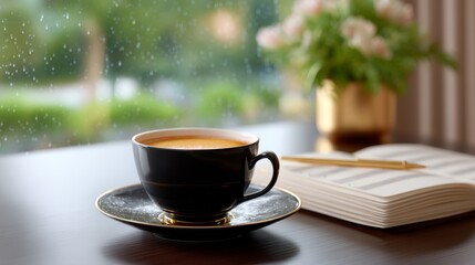 Fototapeta premium Warm Cup of Tea on a Wooden Desk with Sketchbook and Flowers, Raindrops on Window Creating Cozy Atmosphere