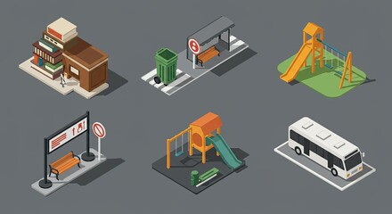 Obraz premium Isometric illustrations of urban elements like playgrounds, bus stop, and buildings