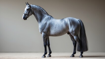 Lovely depiction of a dapple grey horse ahead of a competition