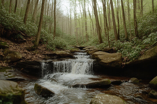Crystal-clear stream flowing over rocks in a serene mountain forest during early spring