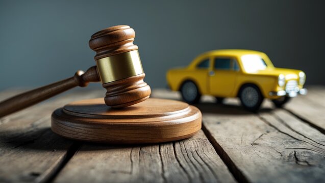 A detailed shot of a yellow toy car alongside a wooden gavel on a wooden surface.