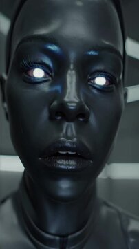 Andro&iuml;de futuriste au regard lumineux dans un environnement high-tech

