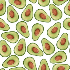 Seamless watercolor pattern with avocados on white background. Surface design with green avocado halves with brown pits for fresh organic branding and decor.