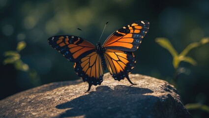 Rock with a black and orange butterfly, wings extended and casting a shadow.
