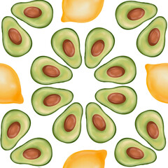 Seamless pattern with lemon and avocado in watercolor style. Tropical fruit background combining avocado and lemons, healthy design for food branding, packaging, greeting card, wrapping.