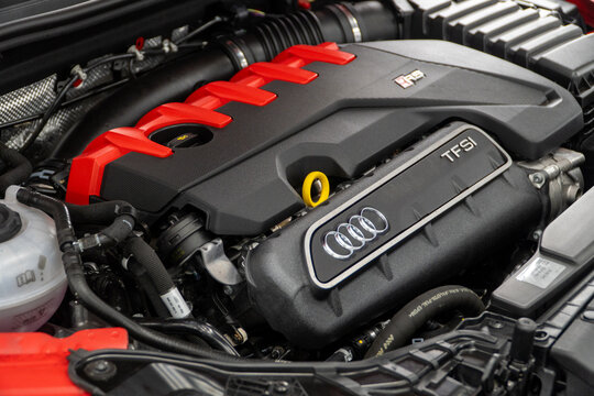 Engine Audi A3 RS 2.5 DNW TFSI quattro S tronic Inline 5-cylinder. The Carbon Fibre Engine Bay Of A Audi A3 RS. Audi RS 3 - Luxurious Car Exterior VAG Group car. 