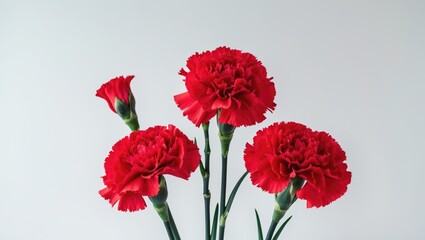 Obraz premium Single bouquet of three colorful carnations against a plain background