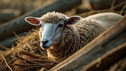 Black-headed sheep in a wooden stack