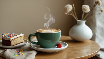 Fototapeta premium Tasty latte and dessert on a rustic table in a warm cafï¿½