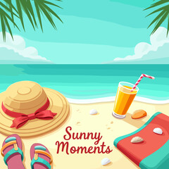 “Hello Summer Illustration with Watermelon, Flip Flops, Straw Hat, and Citrus Fruits – Fun Tropical Design”

