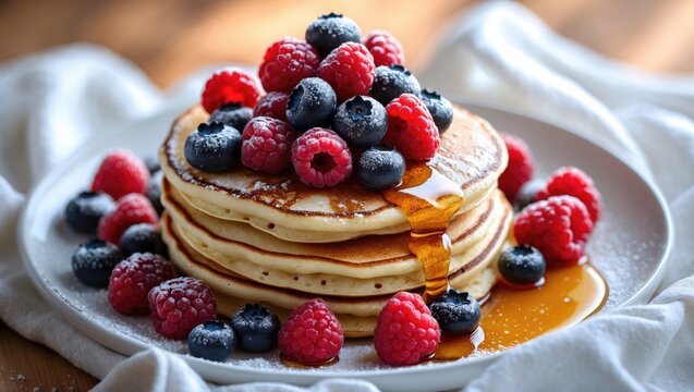 Healthy breakfast pancakes with fresh blueberries, raspberries, and honey