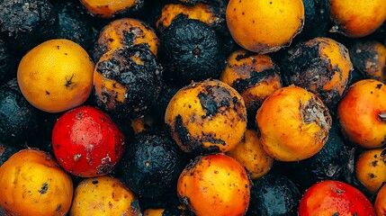Close-up of ripe and overripe fruits with charred skins, showcasing vibrant oranges, reds, and blackened textures in a natural, organic arrangement.
