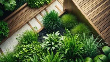 Detailed design for interior or landscape featuring wood and minimal plantings with plant selection options.