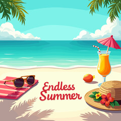 “Hello Summer Illustration with Watermelon, Flip Flops, Straw Hat, and Citrus Fruits – Fun Tropical Design”

