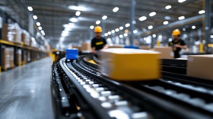 Workers sort packages using a conveyor belt system in a spacious warehouse. The organized environment showcases efficient logistics during a busy daytime operation