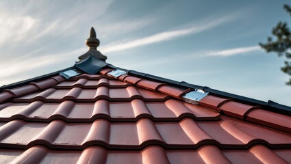 Close-up view of fresh plain red clay tiles and lead flashing on a sloped roof
