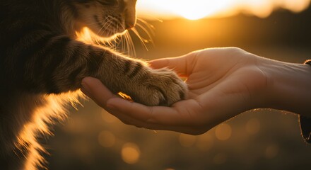 Human hand touching cat paw golden light