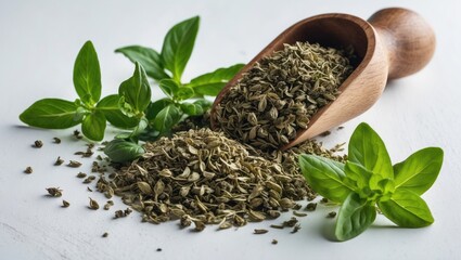 Oregano Leaves, Dried Green and Wooden Scoop