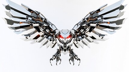 A futuristic, mechanical owl spreads its wings against a white background, with glowing red eyes. The design is intricate, a blend of metal and artistry