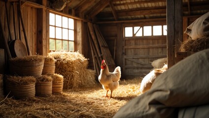 A wooden ranch with a spacious gate, hay bales, sacks, a fork, and a roofed window.