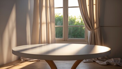 Fototapeta premium A close-up of an empty round table is showcased in the room, with a linen drape behind it and beautiful morning sunlight casting shadows on the window frame. Space for mockup and product display.