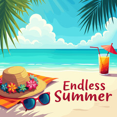 “Hello Summer Illustration with Watermelon, Flip Flops, Straw Hat, and Citrus Fruits – Fun Tropical Design”

