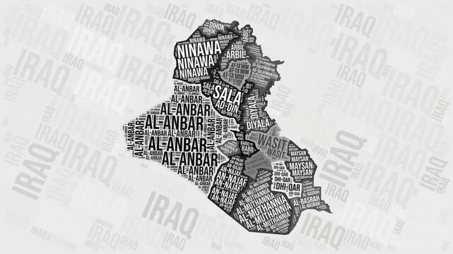 Iraq animation. Visual effect of Iraq regions appearing in black and white word clouds style. Country intro video. Creative animated motion graphics.