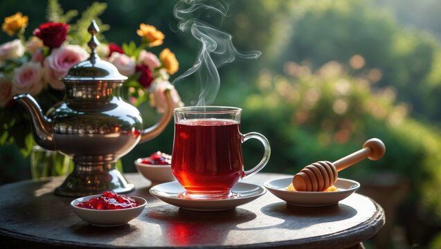 Black tea served in pear-shaped glass, traditional armudu cup with samovar, bread, rose jam on a circular table surrounded by flowers, steaming hot beverage, garden backdrop