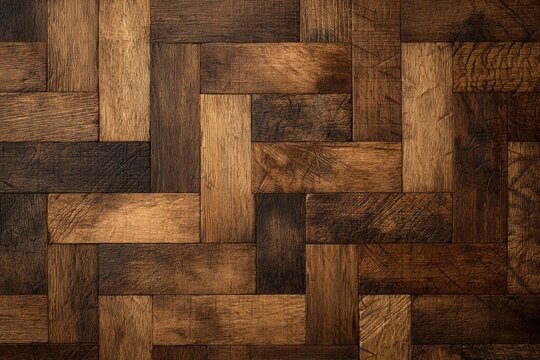 Rich brown wooden parquet flooring pattern.
