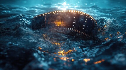 Old film reel submerged in turbulent water