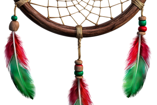 Dreamcatcher with beads and feathers, colorful Native talisman, cut out transparent