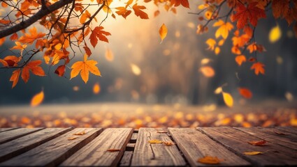 Rustic wooden table featuring autumn leaves in a garden setting