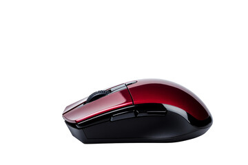 Red wireless computer mouse, side view, ergonomic shape, «, cut out transparent"