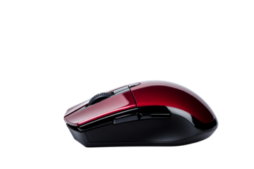 Red wireless computer mouse, side view, ergonomic shape, «, cut out transparent"