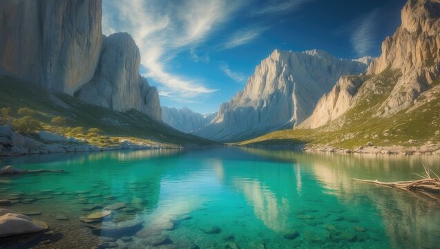 Serene mountain reservoir with crystal-clear water reflecting rocky peaks and scenic terrain in a remote, pristine environment