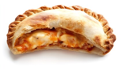 A half-eaten baked pastry filled with melted cheese and tomato sauce, isolated on a white background