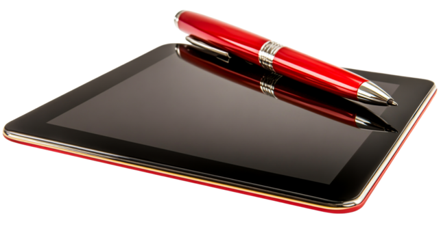 Touchscreen tablet with red stylus pen, cut out transparent