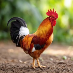 Vibrant Rooster Standing Proudly in Natural Setting, Showcasing Rich Colors and Details of Feathers in a Beautiful Farmyard Environment