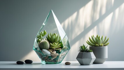 Succulent plants in a geometric glass vase and a miniature in a concrete pot on a white tabletop with a grey backdrop, showcasing a small garden with cactus and crassula.