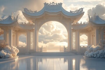 Stunning white oriental temple with cloudy sky and reflective floor in paradise