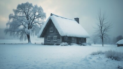 After a heavy snowfall, an old wooden house is draped in snow.