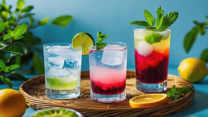 Fototapeta premium Refreshing cocktails with ice and citrus served on a wicker tray. Bright and revitalizing drinks. Summer thirst-quenchers.
