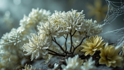 An old decorative flower leaf plant, entangled in cobwebs, reveals a beautiful yellow-green hue